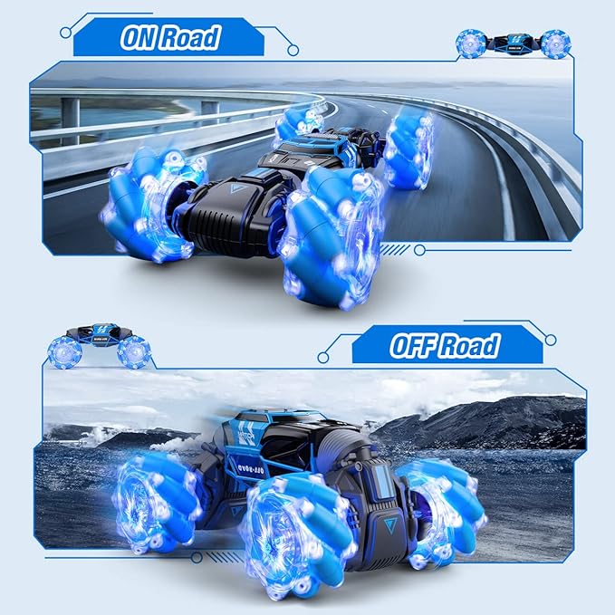Powerextra Gesture Rc Car, 4WD 2.4GHz Remote Control Gesture Sensing Car, Double Sided 360° Rotating Off Road Rc Stunt Car with Lights & Music, Toy Car for 6-12 Year Old Boys & Girls (Blue)
