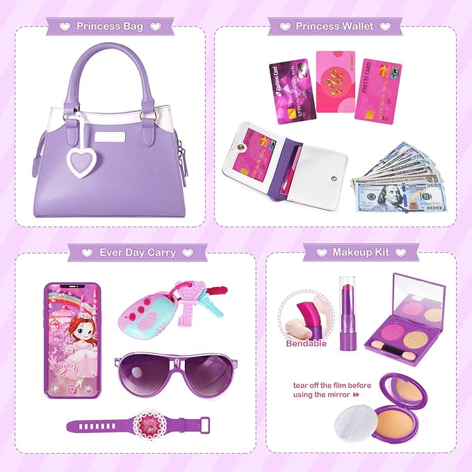 Shemira Play Purse for Little Girls, Princess Pretend Toys for Girls 3 4 5 6 7 8 Years Old, Christmas & Birthday Gift for Girls Age 3-5 4-6 6-8, Toddler Purse with Accessories, Kids Toy Purse, Purple