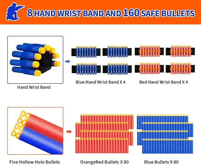 Kids Party Supplies Favor Kit for Nerf - 8 Toys Foam Dart Guns, 8 Tactical Vests, 160 Soft-Tip Darts, 8 Protective Goggles & Masks, Wristbands – for Boys Birthday Parties, Outdoor Games