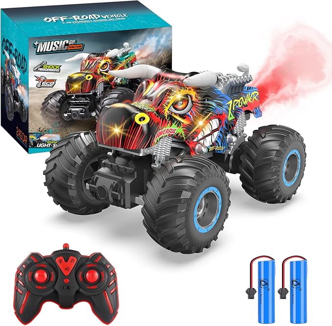 Remote Control Monster Truck, 2.4GHz All Terrain Remote Control Monster Cars, 1:16 Monster Truck RC Trucks, Remote Monster Car with Spray Music and Light for Boys 4-7 8-12 Kids
