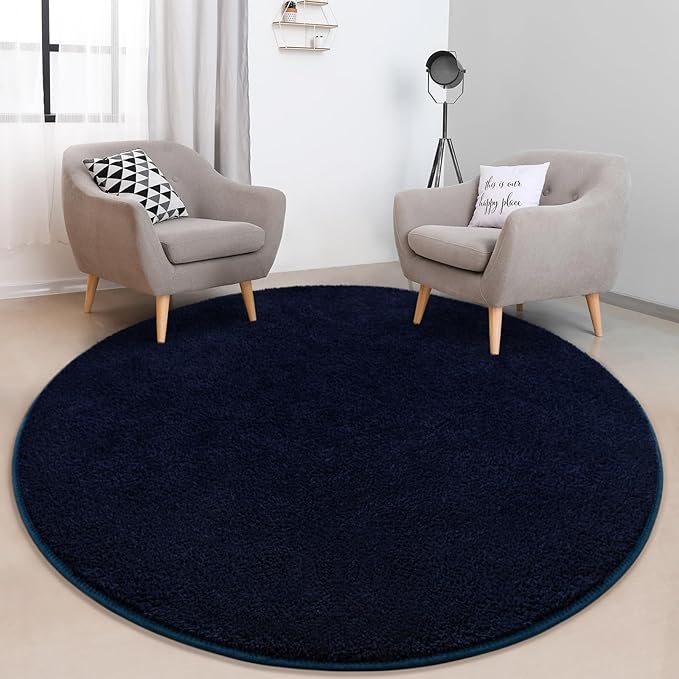 FlyDOIT Round Area Rugs for Bedroom Living Room, 4x4 Navy Blue Super Soft Comfy Thickened Memory-Foam Indoor Circle Carpets, Modern Aesthetic Minimalist Carpet for Boys Girls Adults Nursery Home Décor