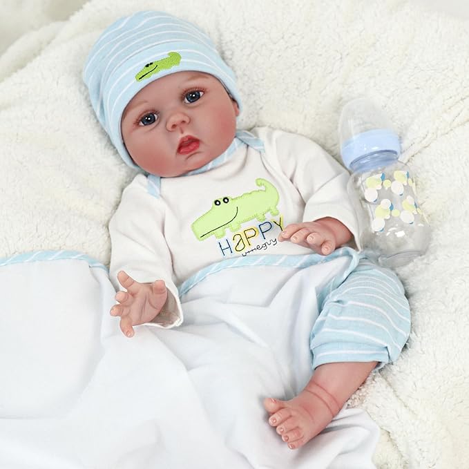 SCOM Lifelike Reborn Baby Dolls - 22 inch Realistic Baby Toddler Dolls Soft Cloth Body Vinyl Limbs, with Clothes and Doll Accessories Gifts for Kids Age 3+ (Blue&Blanket)