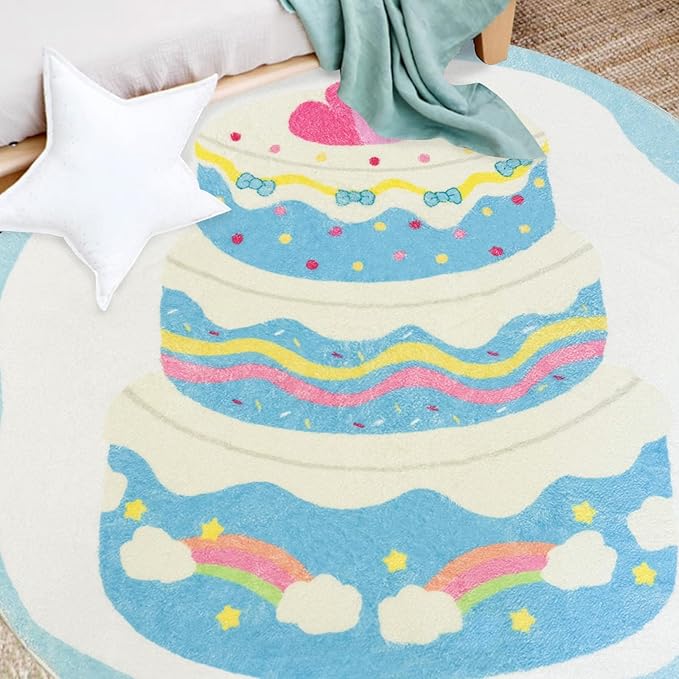 Kids Rug 4Ft Round Cake Bedroom Carpet Circle Blue Playroom Area Rug Rainbow Play Mat for Boys Girls Nursery Living Room Classroom Decor Washable Children Throw Rug, Blue