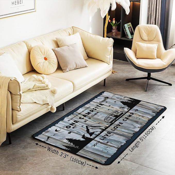 Erosebridal Happy Camping Area Rug 3x5 RV Campsite Rug for Teens Retro Wooden Board Rustic Mountain Carpet Blue Black Live Love Camp Cabin Bedroom Non Slip Decorative Rug