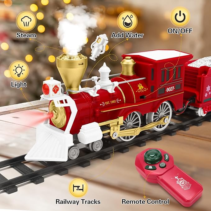 Christmas Train Set for Kids Remote Control Train with Smoke Light Sound, Steam Locomotive Railroad Carriages Rechargeable RC Toy Train, Gift for Boys and Girls