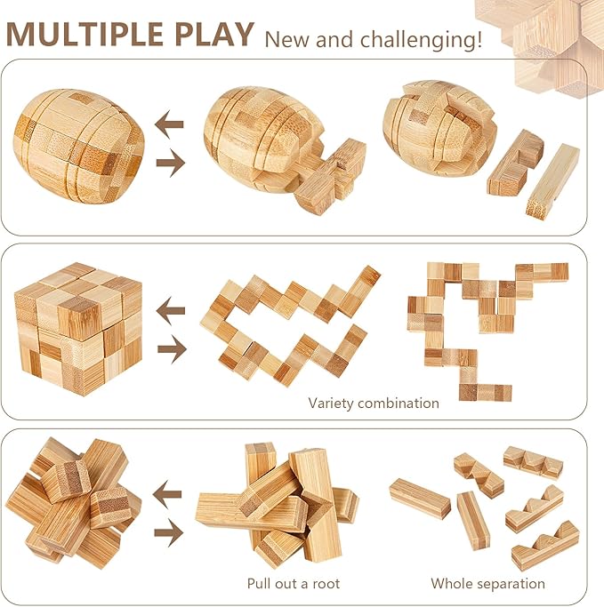 VolksRose 15pcs Wooden Brain Teaser Puzzles, IQ Challenge Puzzle Games, Logic Smart Mind Puzzle Box Lock Toy Removing Assembling 3D Small Puzzle Gift Set for Adults Teenagers Kids, 1.8inch 4.5cm