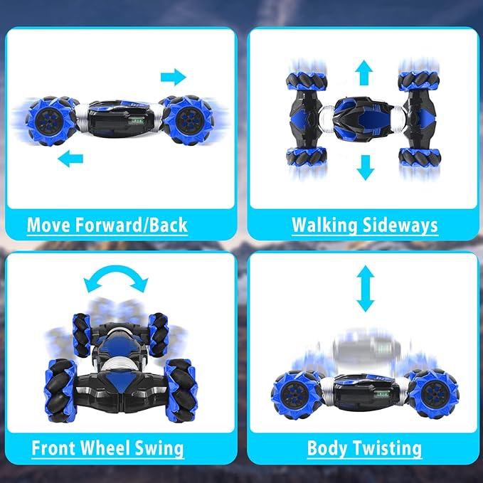 Gesture Sensing RC Stunt Car with Lights Music Hand Controlled Remote Control Car 4WD 2.4GHz Off-Road 360° Double Sided Rotation Stunt Car Birthday Gift Idea for Boys Girls (Blule)