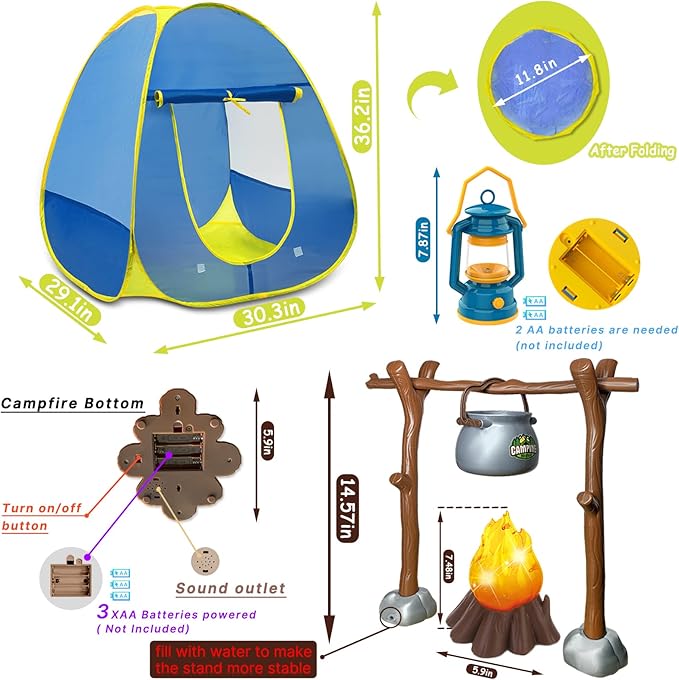 MITCIEN Kids Camping Set with Campfire, Play Tent , Binoculars, Oil Lantern, Toddlers Pretend Cutting Fruits, Marshmallow, Camping Toys Play Set for Boys Girls 3-5 Year Old and Up Indoor Outdoor Toys
