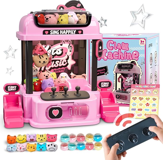 Claw Machine for Kids with Remote Control, Y2K Mini Vending Machine Toy for Girls Age 3+, Girl's Birthday Gifts with Plush Toy and Squishy, Kawaii Room Decor for Teens, Girl Age 6-8