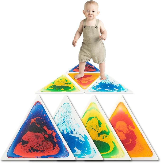 Art3d 4-Pack Triangle Liquid Sensory Floor Tiles, Colorful Liquid Fusion Play Mats for Kids Toddler, 15" x 15"