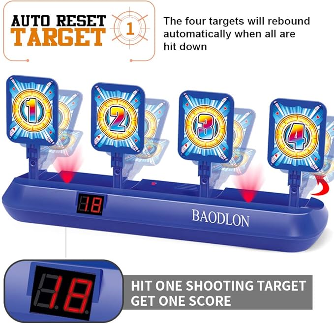 BAODLON Digital Shooting Targets with Foam Dart Toy Gun, Electronic Scoring Auto Reset 4 Targets, Shooting Game Toys Gifts for Age of 5, 6, 7, 8, 9, 10+ Years Old Kids, Boys, Compatible with 2 Toy Gun