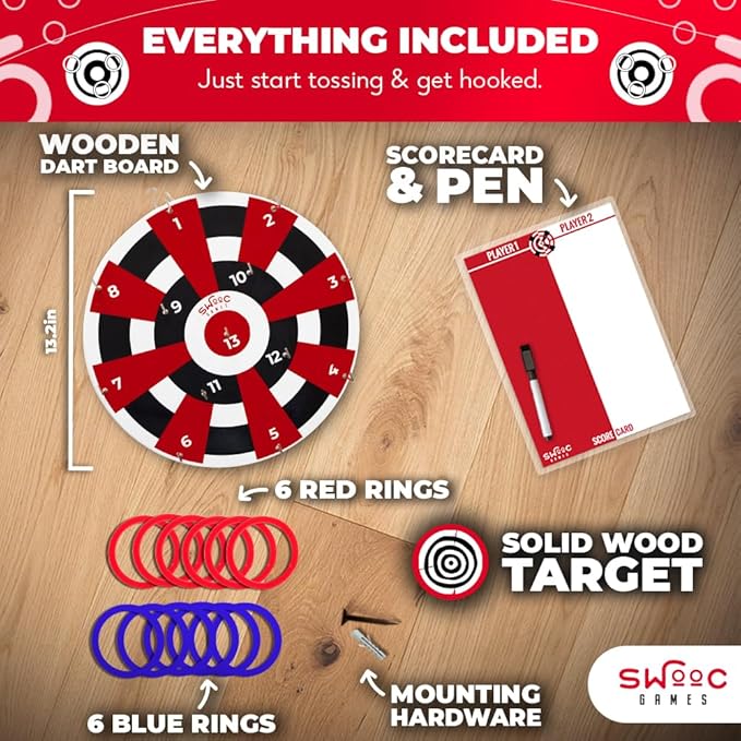 SWOOC Games ‒ Hook Darts Ring Toss Game ‒ Wood Board & Soft Rings ‒ 20+ Games Included for Kids & Adults ‒ Wall Mounted Ring and Hook ‒ Indoor & Outdoor Wall Decor for Game Room, Patio, Garage, Yard