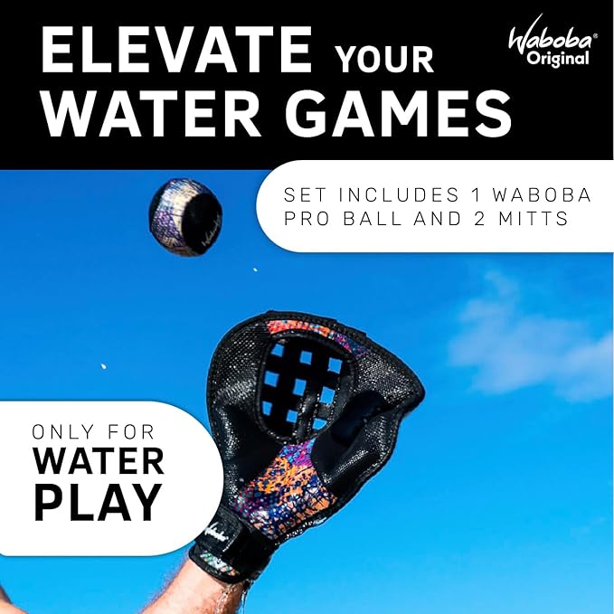 Waboba Catch Water Gloves Pro Water Bouncing Ball Set - for Beach Games & Swimming Pool Toys – 2 Baseball Style Mitts for Catching Water Balls – One Size Ambidextrous Design, Black