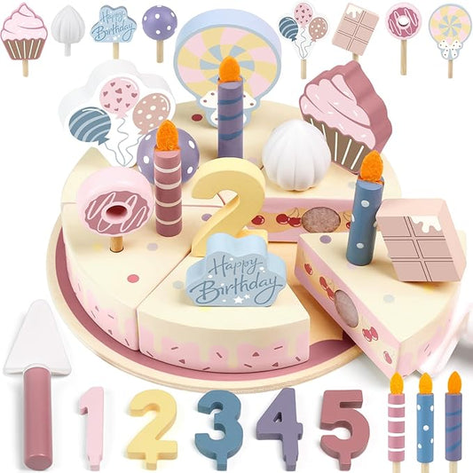 Wooden Birthday Party Cake Play Food Sets for Kids Kitchen Accessories Pretend Toy Toddlers 1-3 Party Gift Boys Girls Educational Toys