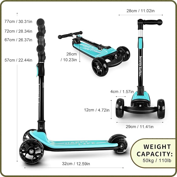 Besrey Kick Scooter for Kids Ages 3-10, 3-Wheel Folding Scooter with Adjustable Height, LED Light Wheels, Extra Wide Deck for Outdoor Activities