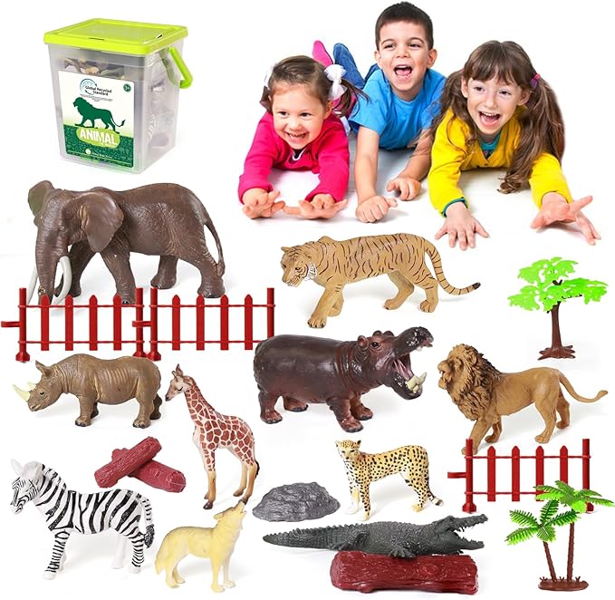 Safari Zoo Animals Figures Toys for Kids 3-5,Realistic Animal Figurines Playset with Fence for Toddlers, 22 PCS African Wild Jungle Plastic Toy Gift Set for Boys and Girls