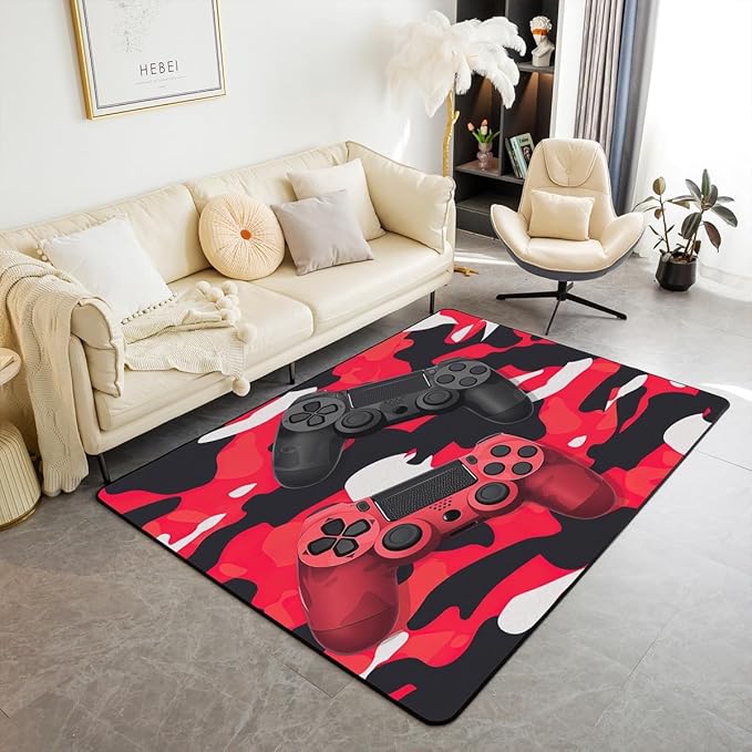 Games Rug Gamepad Area Rug 3x5 for Boys, Kids Video Games Carpet for Bedside, Modern Gamer Console Action Buttons Carpet for Playroom, Fashion Teens Red Black Camouflage Washable Accent Rug