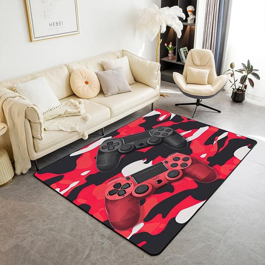 Games Rug Gamepad Area Rug 3x5 for Boys, Kids Video Games Carpet for Bedside, Modern Gamer Console Action Buttons Carpet for Playroom, Fashion Teens Red Black Camouflage Washable Accent Rug