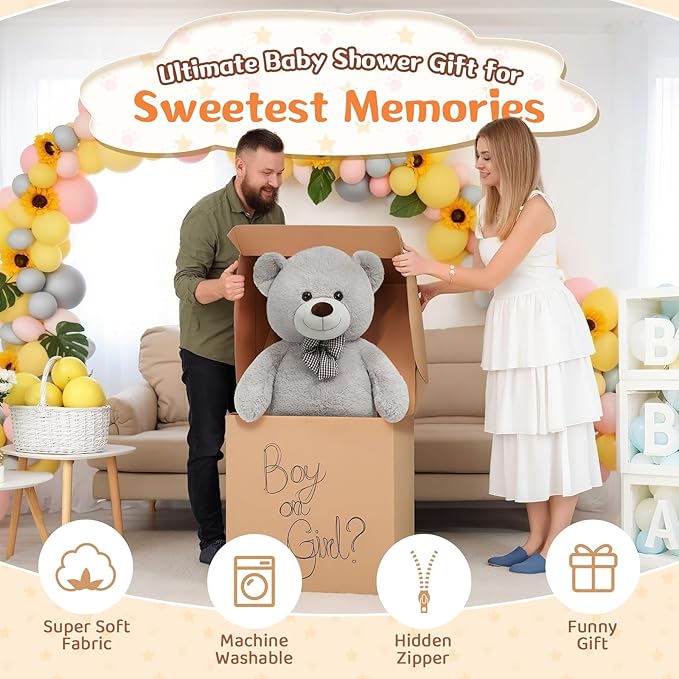 MorisMos Bow Tie Giant Teddy Bear 4 Feet, 47inch Big Teddy Bear Stuffed Animal Plush for Girlfriend, Boyfriend, Gray