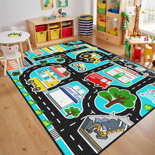 Car Rug Play Mat - Kids Play Rugs City Life Road Map Rug 5x7 Feet Large Educational Traffic Track Car Mat for Kids Toy Cars Carpet for Kid Bedroom Playroom Classroom Decor