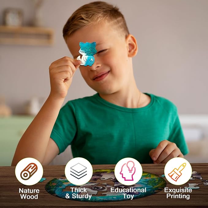 Easter Gifts for Kids Girls Boys, Easter Basket Stuffers, Wooden Jigsaw Puzzles for Kids Ages 4-6, 50 Piece Unique Shape Animal Theme Puzzle - Preschool Learning Educational Toys for Kid 3+ (Raccoon)
