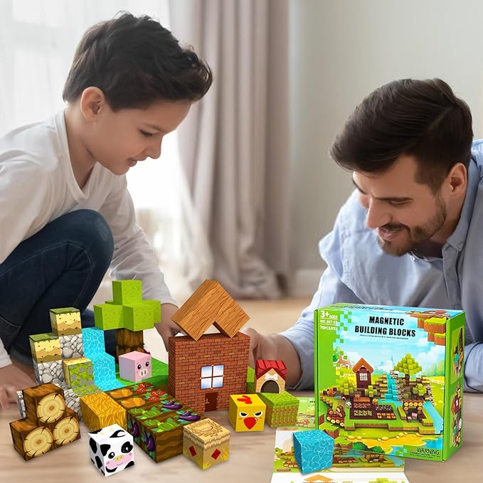 PLANEKO Magnetic Blocks Building Toys 1" Magnet Blocks Farm Magnetic Toys for Kids 4-8 STEM Sensory Montessori Toys for Toddlers Boys Girls Ages 3 4 5 6 7 8 9