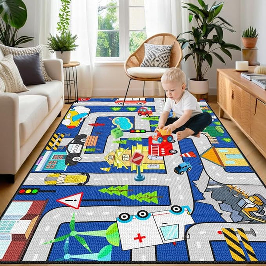 Kids Car Rug Play Mat - City Life Map Car Mat for Kids Toy Educational Play Traffic Road Carpet for Childrens Race Track Rug for Bedroom (Sky Blue, 4.5x6 Feet)