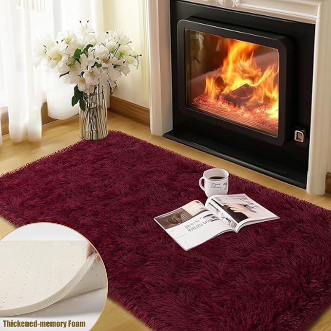 Nuttumico 2x4 Feet Soft Runner Rugs for Bedroom Living Room Plush Fluffy Rug, Burgundy Non-Slip Shag Area Rugs Carpet for Bedside Kids Girls Room Nursery Home Decor, Non Shedding