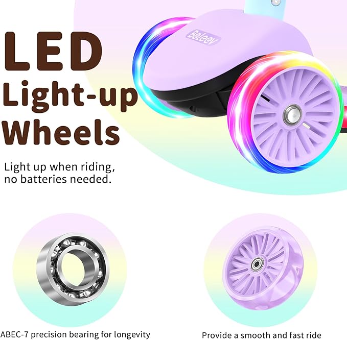 BELEEV A9 Kids Scooter with LED Light-Up Wheels & Deck, 3 Wheel Folding Scooter for Toddlers Girls Boys Ages 3-12, Adjustable Handlebar, Lean to Steer, Extra-Wide Wheels, Kick Scooter for Children