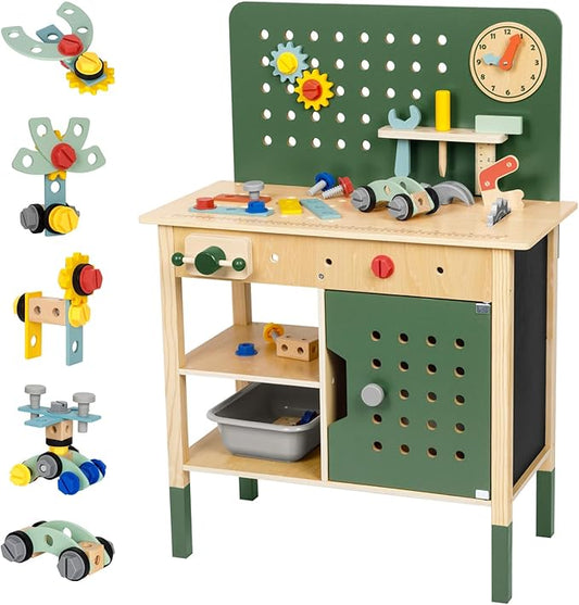 Toddler Tool Bench, Montessori Kids Workbench Playset, Large Tool Bench for Kids Ages 3-5, Wooden Toddler Construction Toys for Pretend Play, Present for Boys and Girls, Green