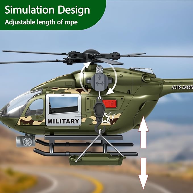 Wenbeier Military Helicopter Toy for Boys with Hanging Basket Toy Airplane with Lights and Sound Rescue Vehicles Toys for Kids Aged 3 4 5 6 7