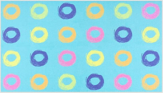 STARUIA Big Educational Area Rug Classroom Rugs for Elementary, 7.5x13 Abstract Blue Rug with Colorful Handpainted Circles, Stain-Resistant High-Traffic Kids Carpet for Playroom Home Learning