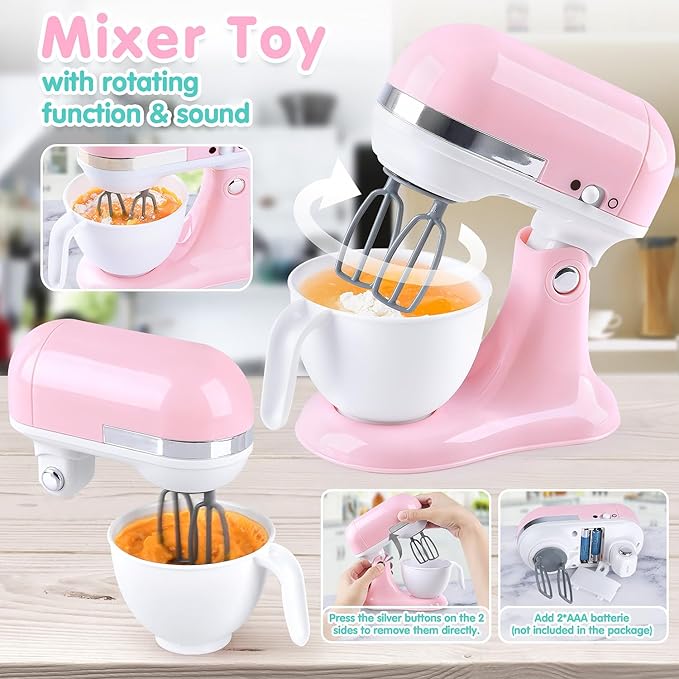 Play Kitchen Appliances Toys - Kids Kitchen Playset Accessories, Pretend Play Toy Sets with Coffee Maker, Mixer, Toaster with Realistic Lights & Sounds, Gifts for Toddler Girls Ages 2 3 4 5 6 7