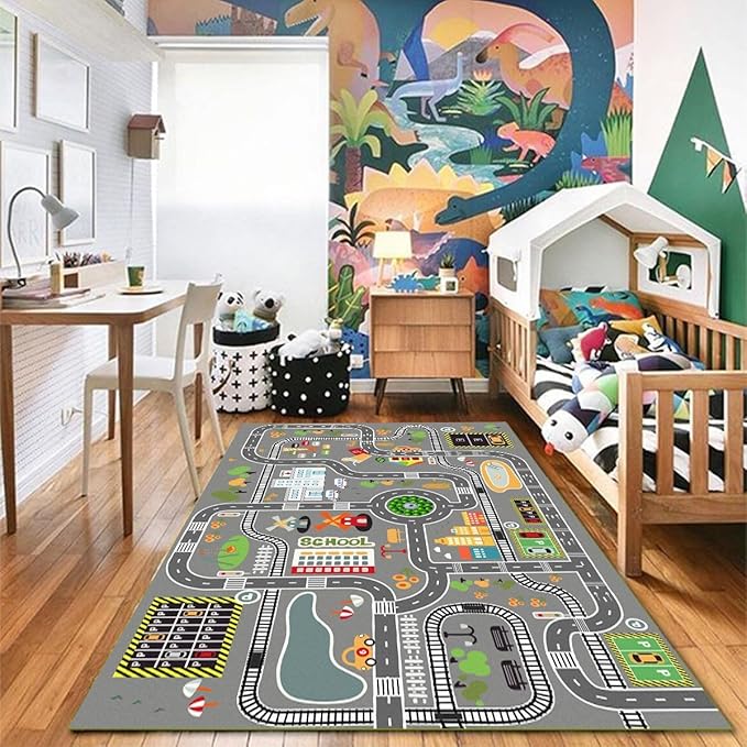 Car Rug Play Mat Great for Playing with Cars and Toys, Kid Playroom Carpet with Rubber Backing, Game Area for Baby Toddler Kid Child Educational Learn Road Traffic in Bedroom, Classroom