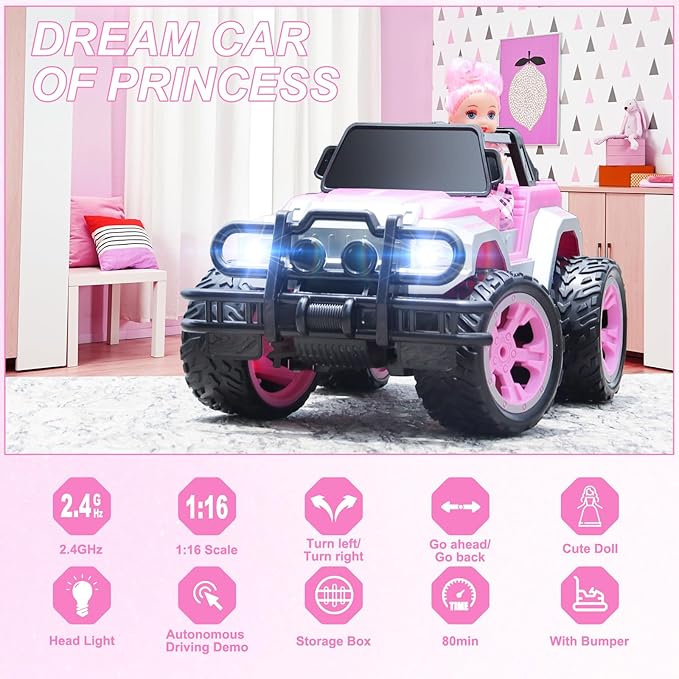Remote Control Car for Girls, Pink RC Car with Doll and Sticker for Ages 6-10 Years Old Girls, 80 mins with Rechargeable Battery, 1:16 Scale 2.4Ghz, ,OX11S Perfect Christmas Birthday Gifts for Grils
