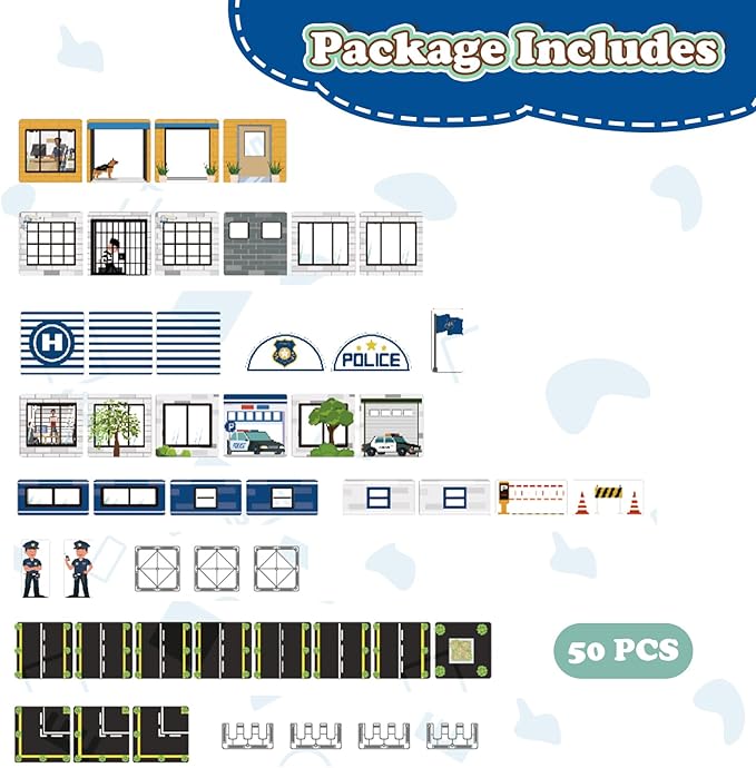 Magnetic Tiles, 50PCS Police Station Theme Building Blocks Set, Magnet Building Blocks and STEM Preschool Toys for Toddlers Kids Ages 3-5 5-7 8-10