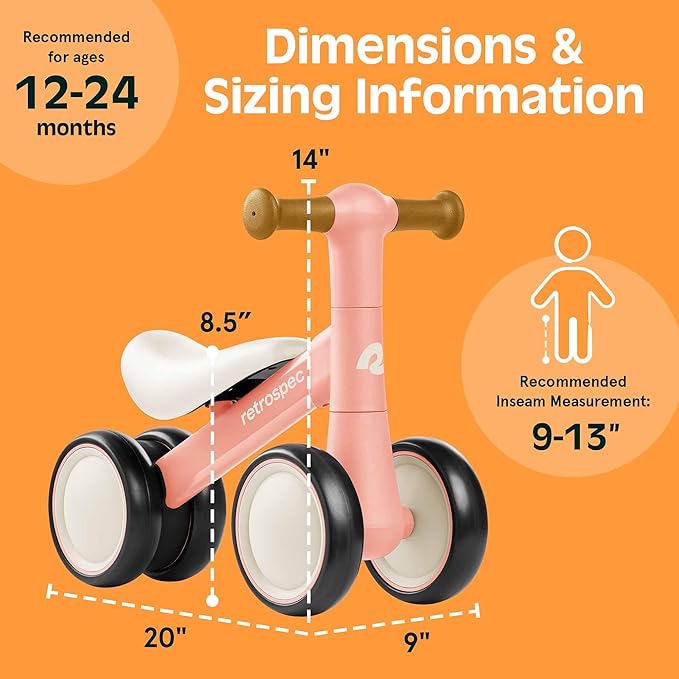 Retrospec Cricket 2 Baby Walker Balance Bike with 4 Wheels for Ages 12-24 Months - First Birthday Gift Toddler Bicycle Toy for 1 Year Old’s - Ride On Toys for Boys & Girls