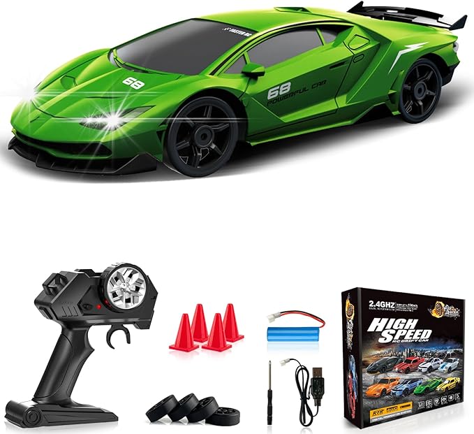 RC Drift Car 1:24 Remote Control Car 4WD 15KM/H High Speed Racing Sport Car with LED Lights RC Cars Toy Cars for Kids Boys Girls Adults Gifts Birthday Christmas Rechargeable Batteries