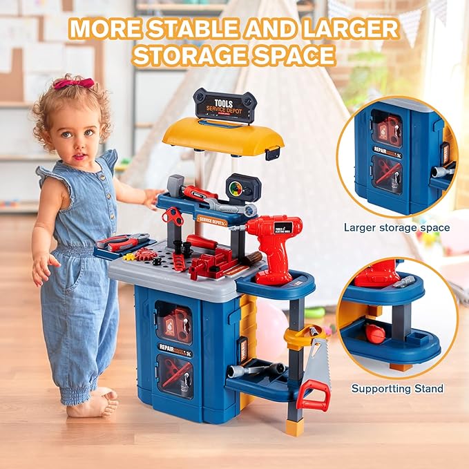 ‌3-in-1 Kids & Toddler Tool Bench with Working Electric Drill - Realistic Construction Toys Learning Set for Ages 2-6, Interactive Workshop Playset for Birthday & Christmas