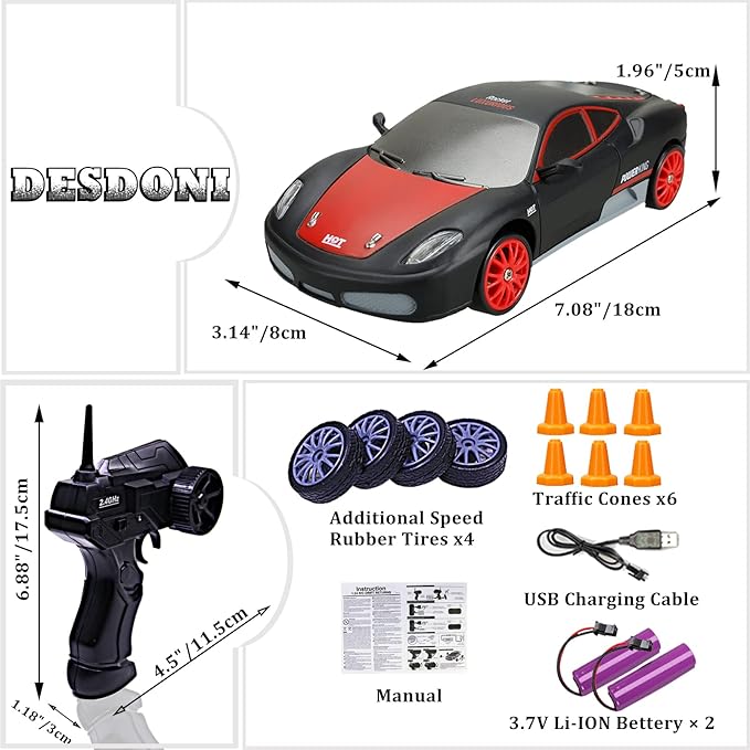 Remote Control Car RC Drift Car 2.4GHz 1:24 Scale 4WD 15KM/H High Speed Model Vehicle with LED Lights Drifting Tire Racing Sport Toy Car for Adults Boys Girls Kids Gift 2Pcs Rechargeable Batteries