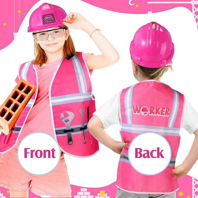 Handepo Construction Worker Costume Kids Hard Hat Construction Vest Goggles Toddler Dress Up Set Birthday Party Girls Boys(Pink, Black)