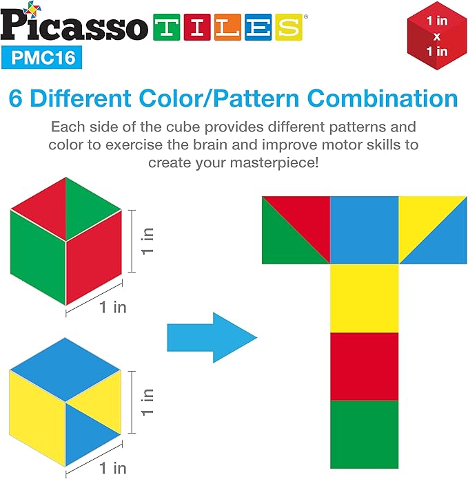 Picasso Cubes 16 Piece Magnetic Puzzle Game Magic Cube Puzzles Brain Teaser Set Kids Toy Magnet Pattern Block Matching Toys with Free Ideabook 100+ Inspirations Included STEM Learning Early Education