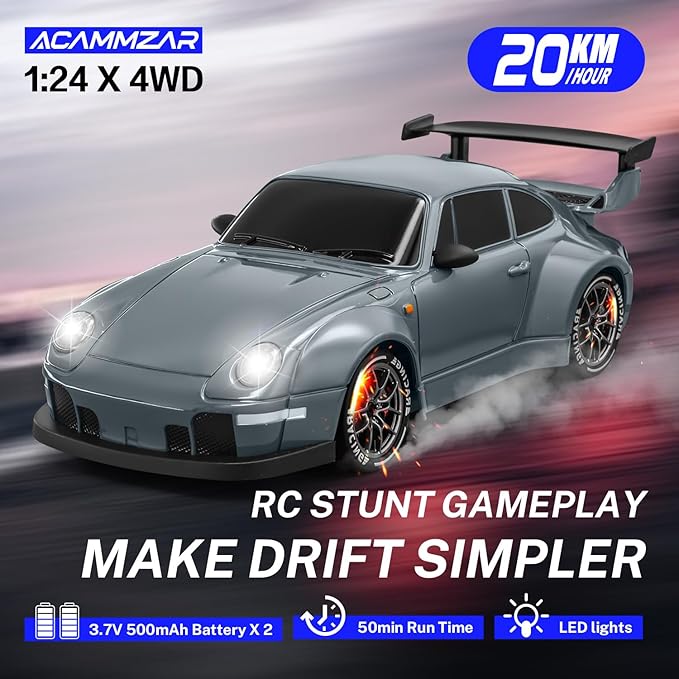 ACAMMZAR RC Drift Car, 1:24 Remote Control Car for Kids, 20KM/H 4WD High Speed RC Cars with LED Lights, Two Batteries, Extra Drifting Tires, Vehicle for Adults Boys Girls