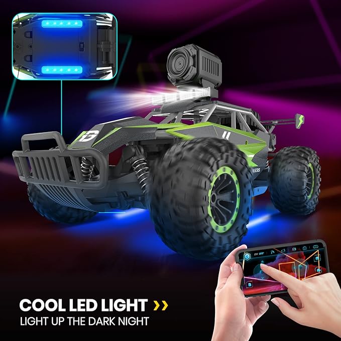 DEERC DE65 Remote Control Car with 1080P HD Camera,1:16 Scale RC Cars with LED Chassis Light&Headlights, 2.4Ghz High Speed Monster Truck Toy Vehicle, 2 Batteries for 60 Mins Play, Gift for Kids Boys