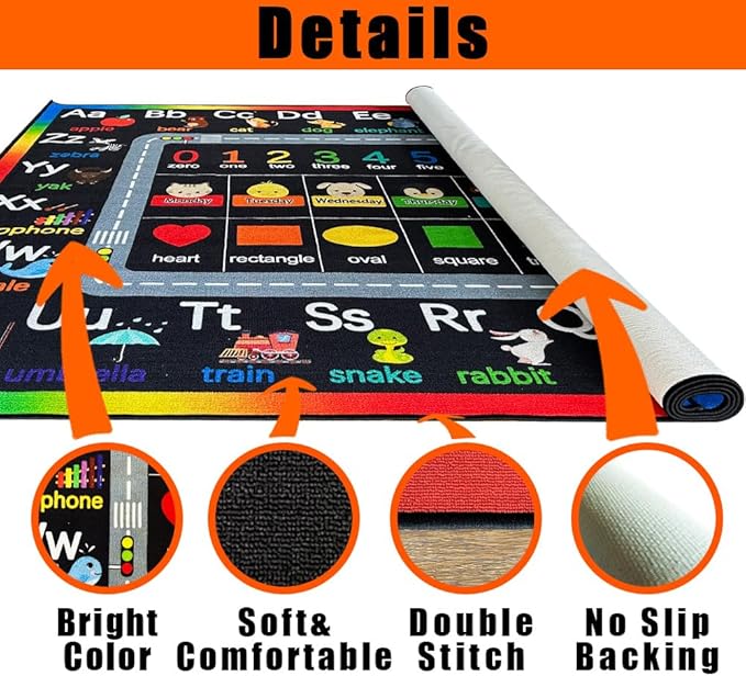 Classroom Rugs for Preschool, Daycare Rug for Classroom,Large Classroom Rug Elementary,Learning Alphabet Educational Rugs for Kids Playroom, Nursery(13'x7'7'', Black)