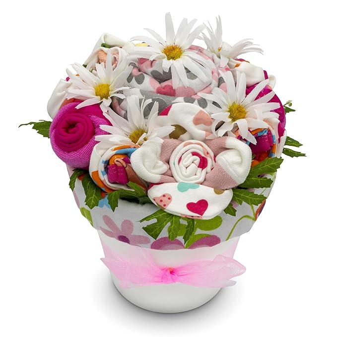 Deluxe Baby Blossom Clothing Bouquet | Newborn Baby Girl Gift Set | Gift for Expecting Moms and Gender Reveals | New Baby Gift Basket | Pink Baby Gift Set | Baby Girl Outfits | Nikki's Gift Baskets