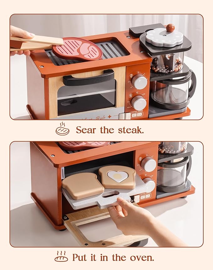 ROBOTIME Play Kitchen Toys Accessories - Wooden Breakfast Machine Kitchen Toy for Kids with Coffee Maker and Pretend Play Food Sets - Kitchen Playset Appliances Toy for Toddlers (Caramel)