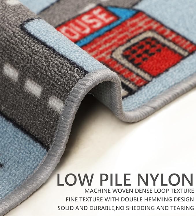 Kids Rug 3'3" x 5'2" City Life Playmat Area Rug Car City Map Washable Traffic Road Educational Learning Nursery Rug Carpet for Children Playroom Living Room Bedroom Classroom Decor Blue