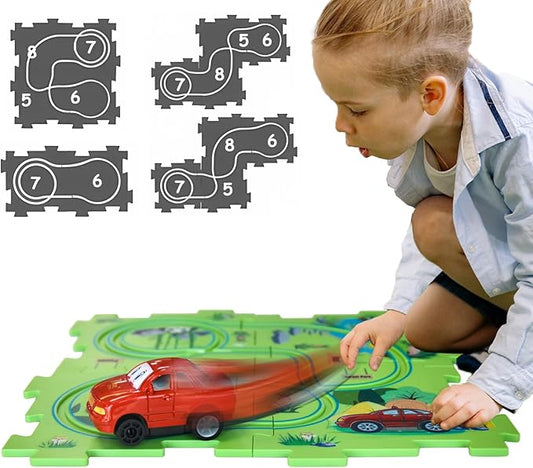 4 Year Old Boy Birthday Gift, Puzzle Racer Kids Car Track Set Puzzle Racer Car Track Set with Roadmap Puzzle Track Car Play Set Toys for 4 Year Old Boys (E-Dinosaur-1, Set3-5Pcs)
