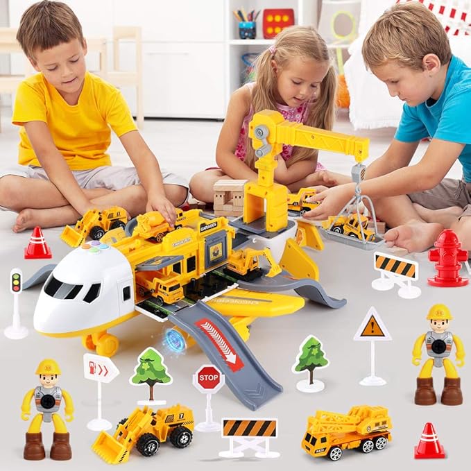 25 Pack Transport Construction Airplane Toy Play Vehicles Set for Kids Gifts, with 6 Construction Die-cast Toy Truck, 11 Road Signs-Suitable for 3 4 5 6 Year Old Boys and Girls